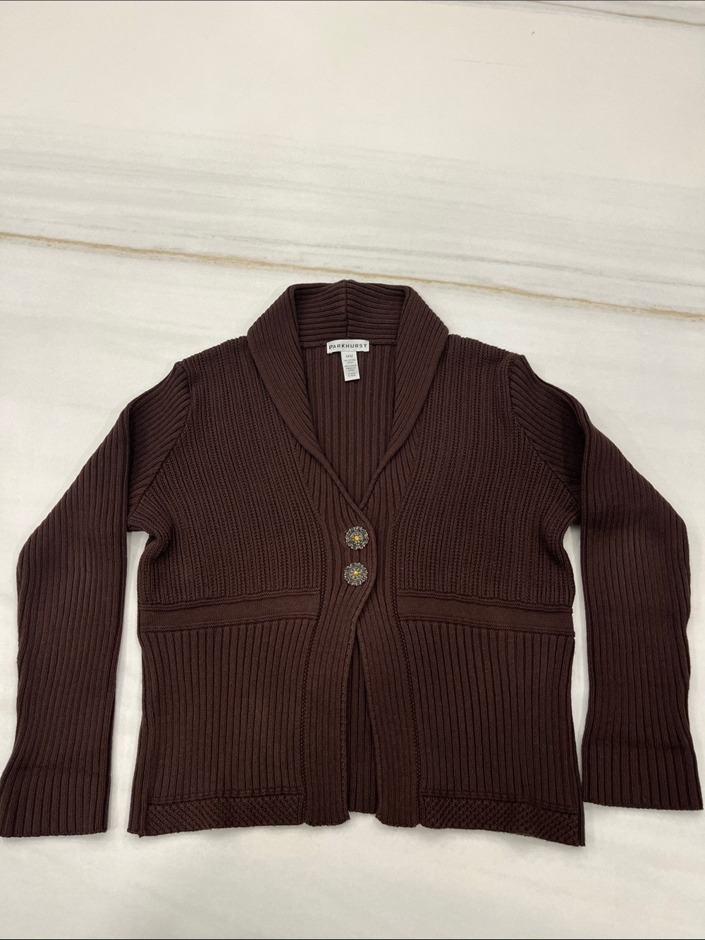 Parkhurst Women's Brown Ribbed Shawl Collar Cardigan with Decorative Buttons